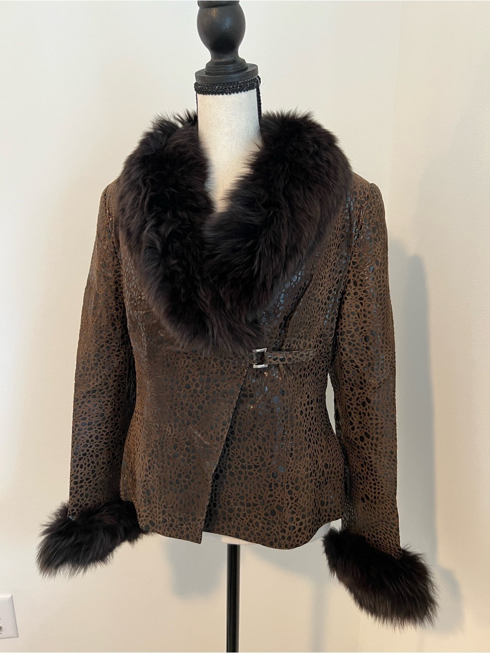 Vintage Real Fur Brown Leather Patchwork Jacket Fox Fur Collar Moto Mobwife S